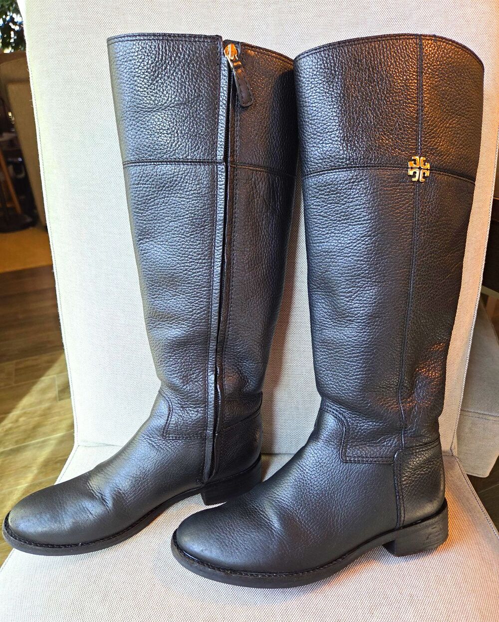 Tory Burch Jolie Womens Black Leather Knee High Riding Boots Zip Logo Size 6 EU